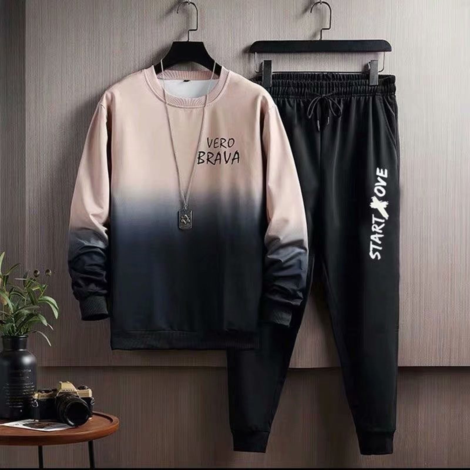 Thoval Men'S Sets 2 Piece Sweatpants Winter Sports Plus Fleece Gradient Print Hoodie Pant Suit Men Casual Suits Slim Fit Outfits