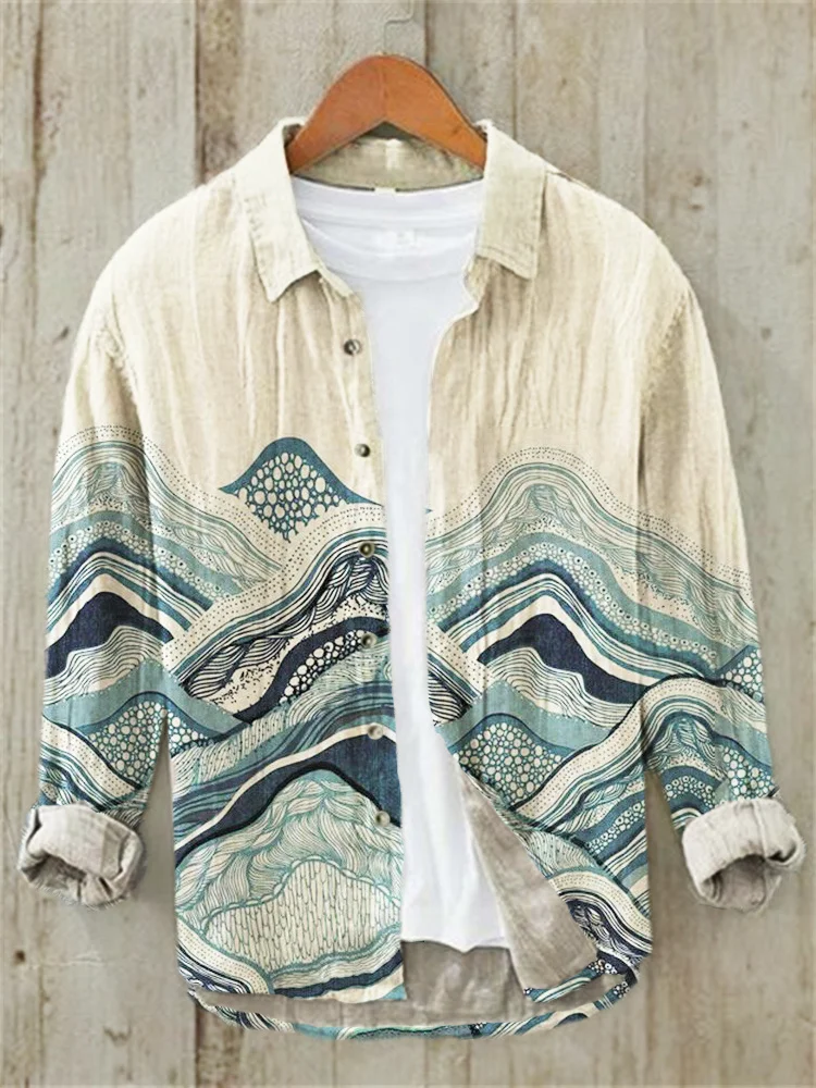 Ocean Landscape Print Linen Long Sleeve Shirt