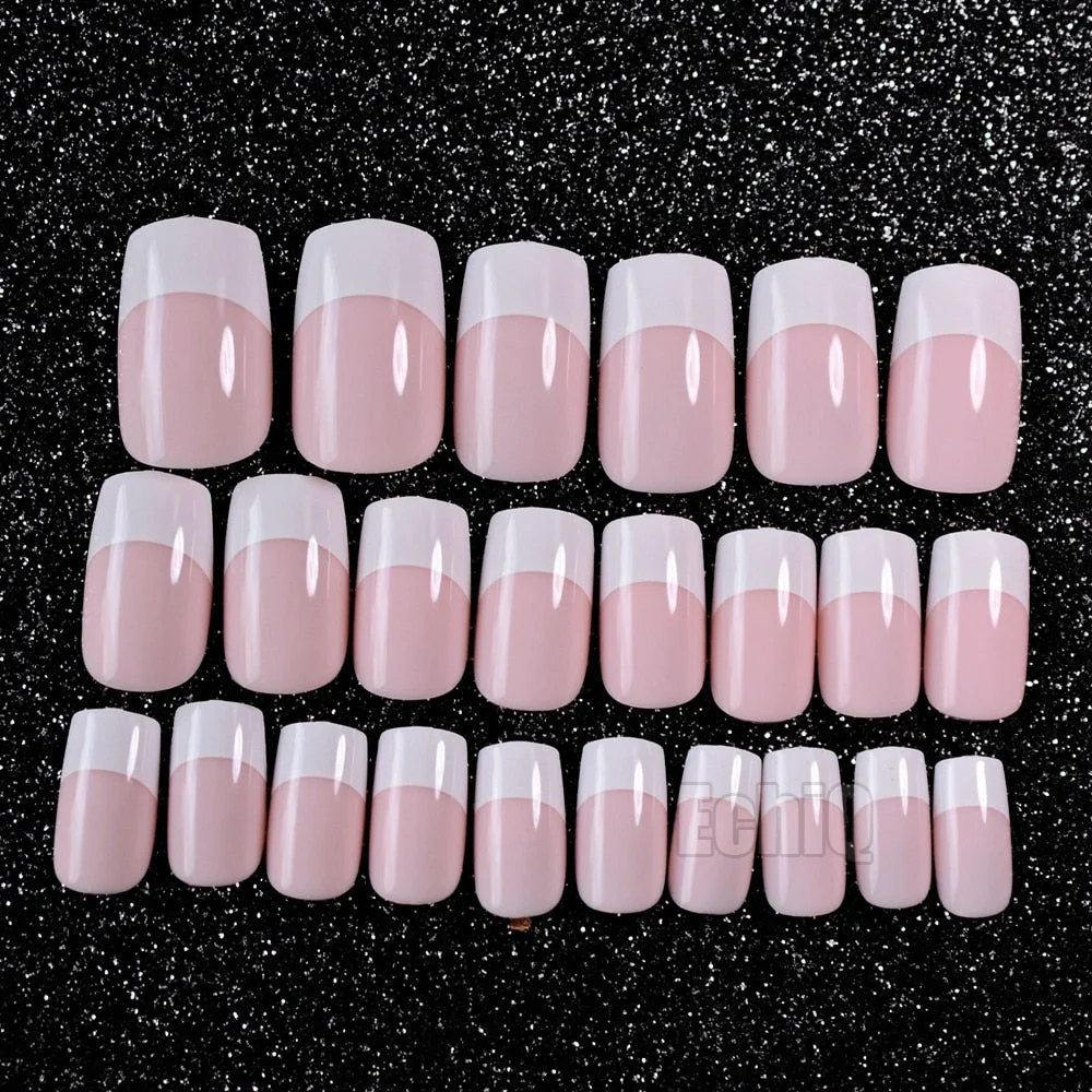 Long French Fake Nails Orange Pink Square Shiny Nail Art Tips Classical Design New Color 24pcs Tips-Nail Inspo