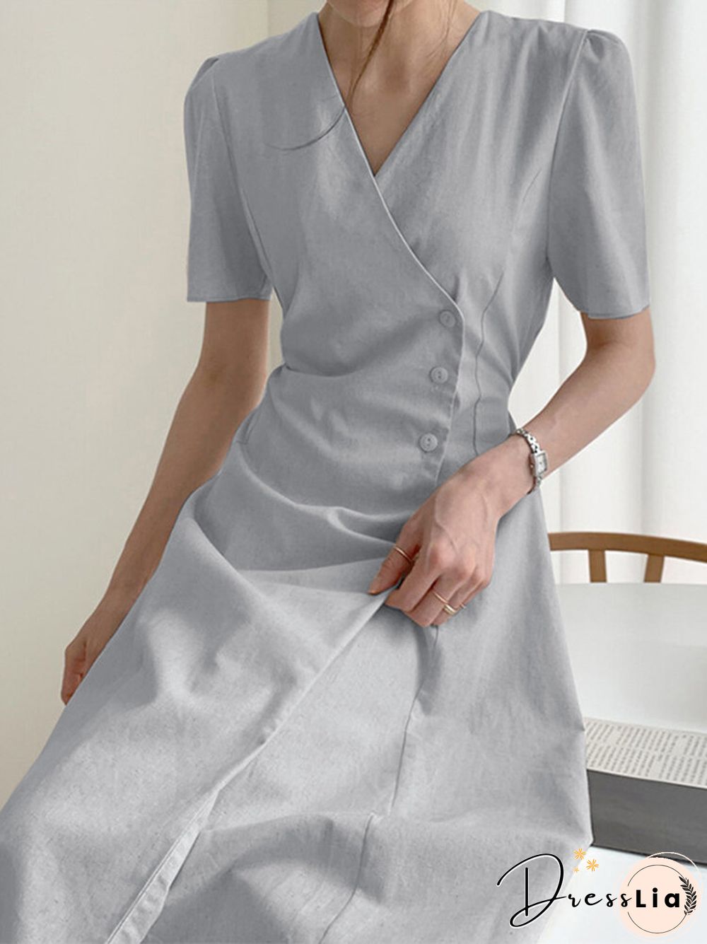 Solid Warp Button Front V-neck Short Sleeve Casual Dress