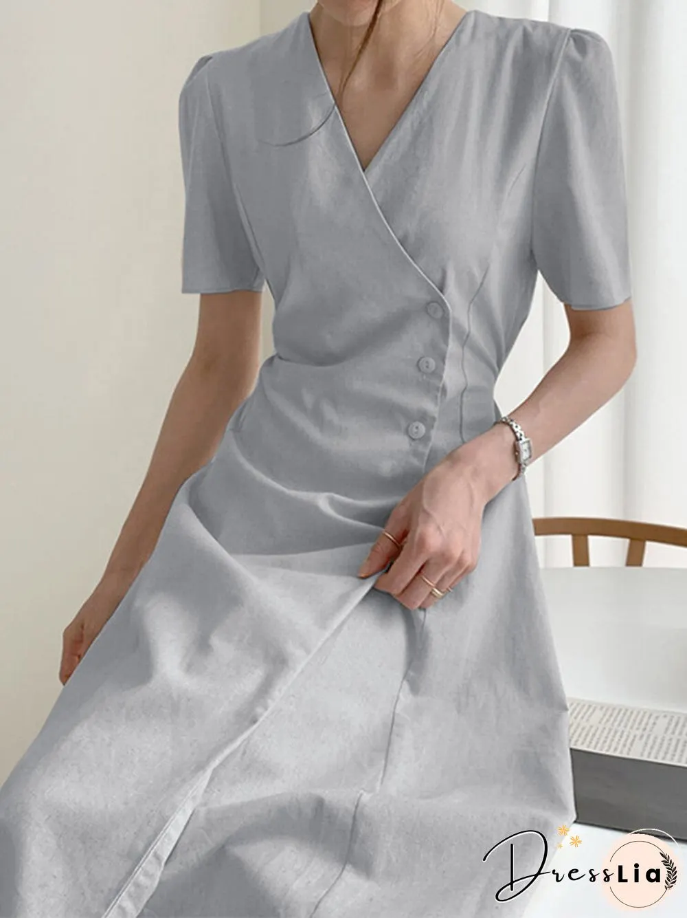Solid Warp Button Front V-neck Short Sleeve Casual Dress