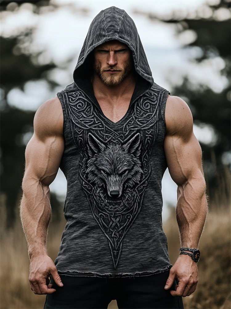Comstylish Men's Viking Black Wolf Celtic Hooded Linen Vest