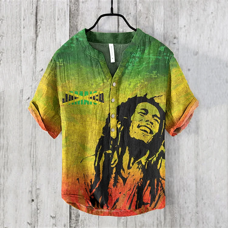 VChics Retro Reggae Bob Marley Jamaican Flag Art Print V Neck Casual Linen Blend Shirt