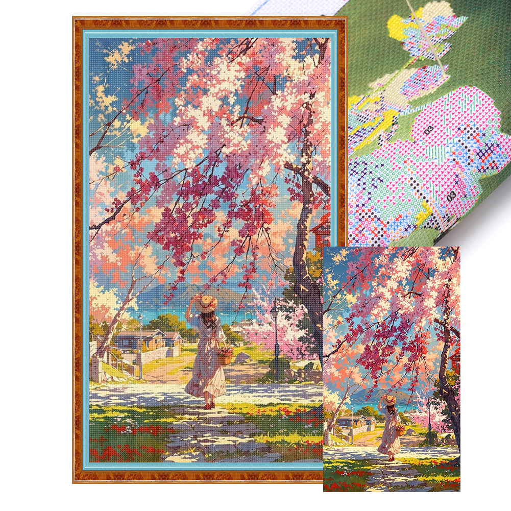 Under the cherry tree Full 11CT Pre-stamped Canvas(40*70cm) Cross Stitch
