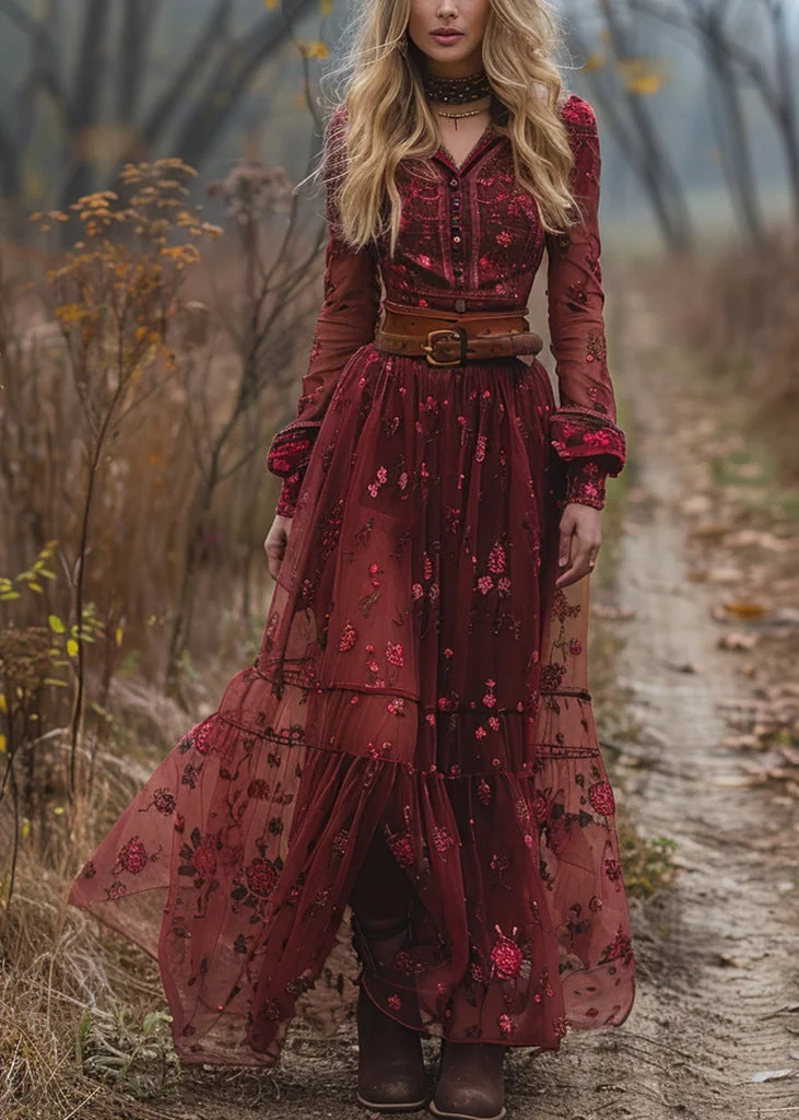 Loose Red Print Patchwork Exra Large Hem Tulle Dresses Fall