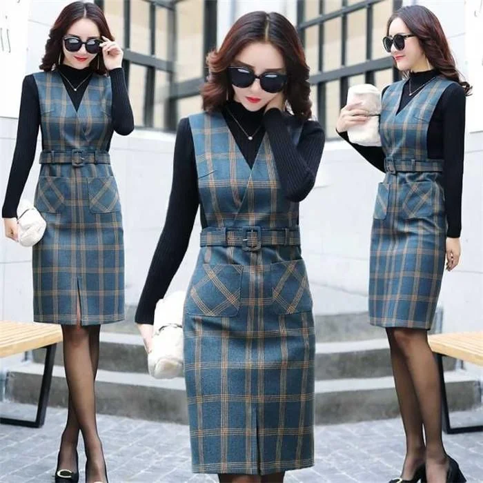 Vest Dress Women Autumn Winter V-neck Vest Dress Vintage Sleeveless Pocket Plaid Dress Female Slim Belt Office Dresses Vestidos