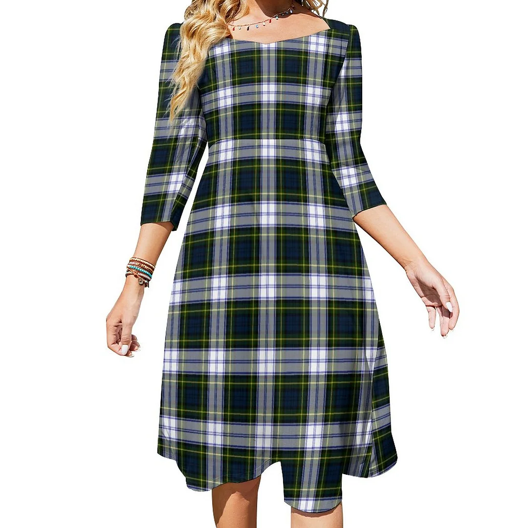 Gordon Dress Tartan Plaid Dress Sweetheart Tie Back Flared 3/4 Sleeve Midi Dresses