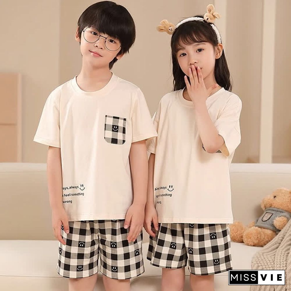 Smiling Face Lattice Summer Cotton Family Pajamas Matching Sets