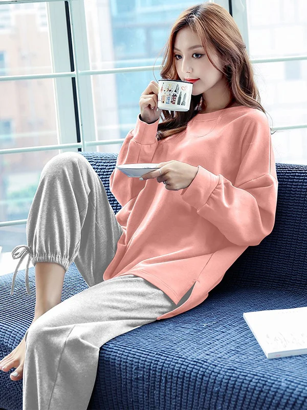 Solid Color High-Low Long Sleeve Casual Pajamas Suits