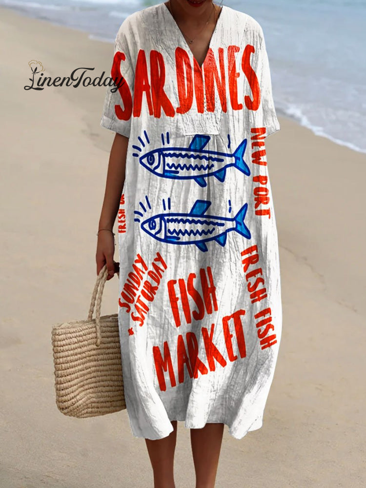 Women’s Vintage Fish Sardines Art Print Flowy Dress Dress-1 / S