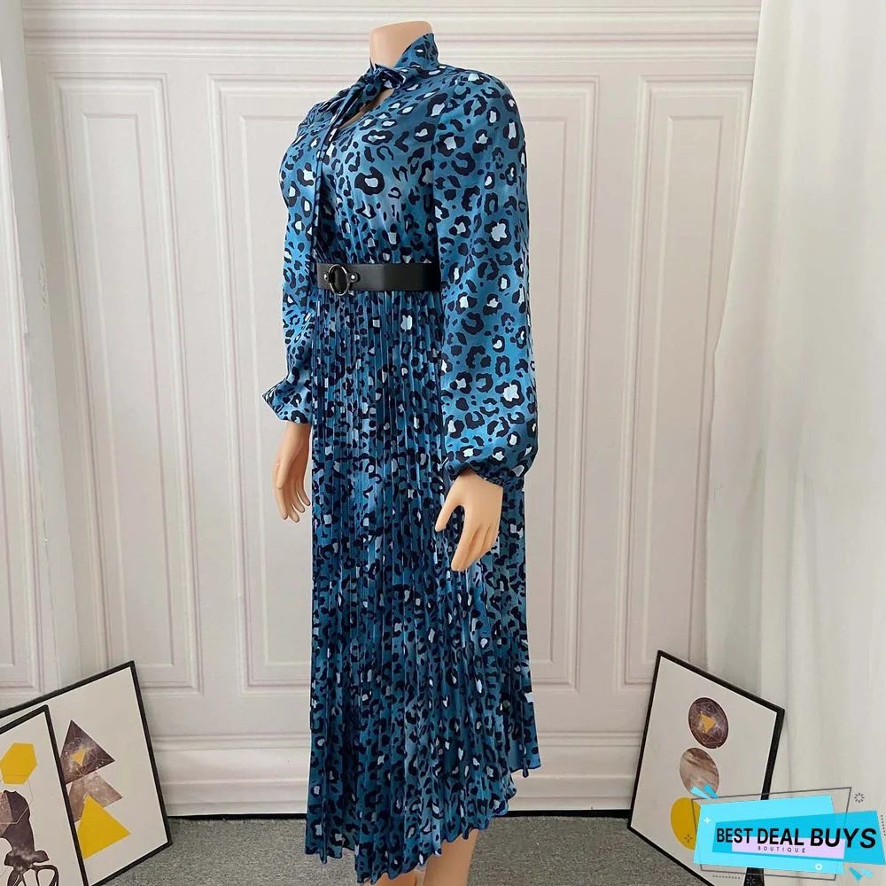 Long Sleeve Printed V-Neck Pleated Dress