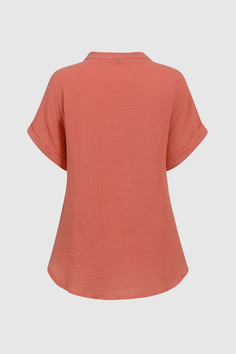 Solid Notched Neck Short Sleeve Blouse
