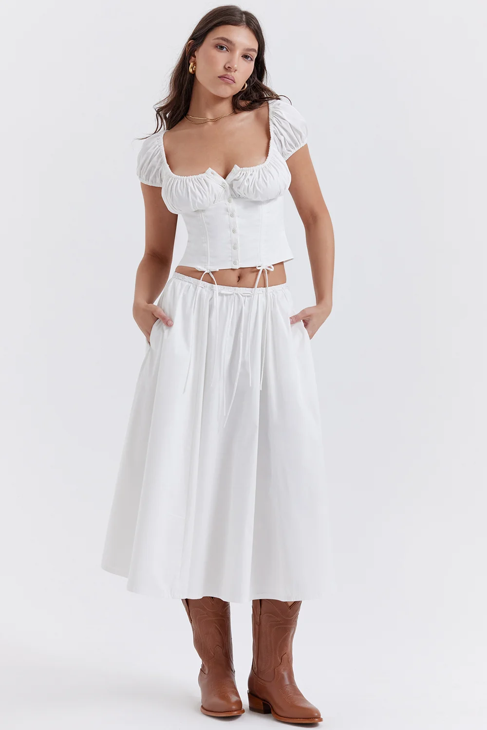 White Button Drawstring Skirt Set