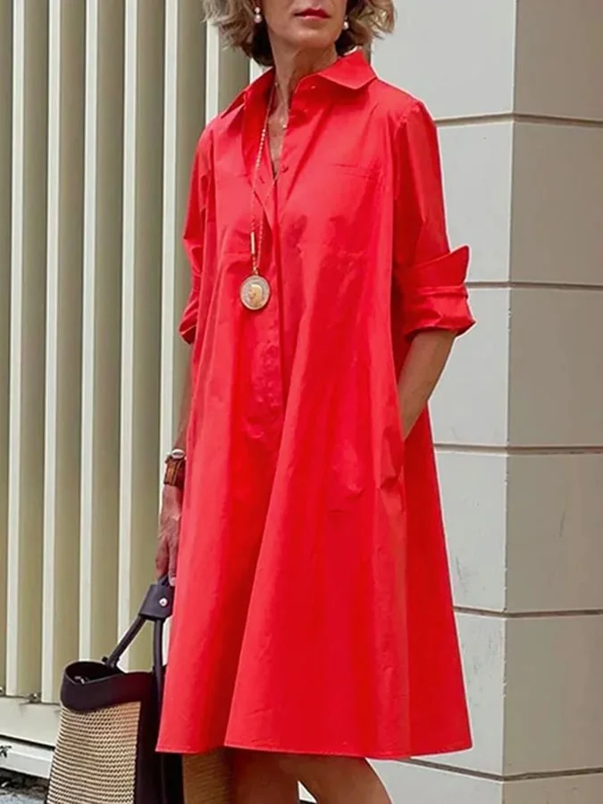 Solid Color Simple Mid-Length Long-Sleeved Lapel A-Line Shirt Dress