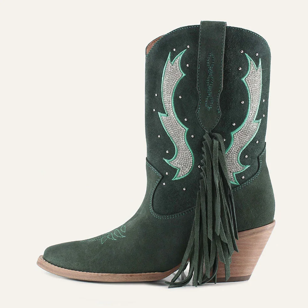 Snip Toe Studded Stacked Heel Fringe Rhinestone Cowgirl Boots in Green