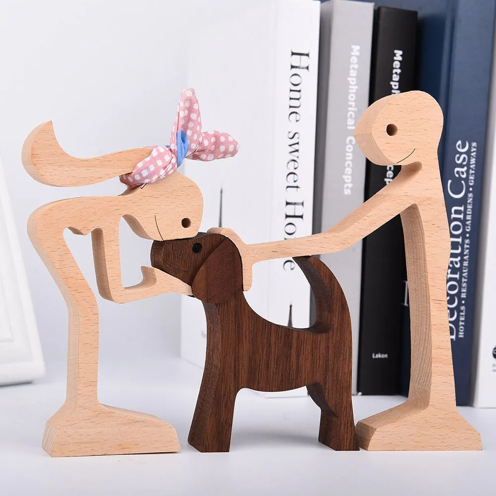 Family Puppy Wood Dog Craft Figurine Desktop Table Ornament Carving Model Creative Home Office Decoration Love Pet sculpture