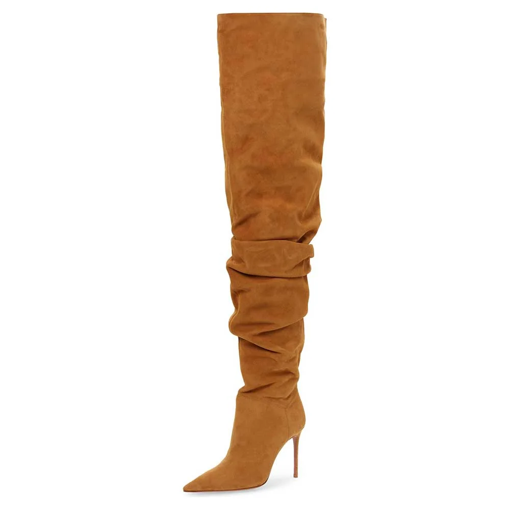 Tan Faux Suede Sophisticated Pull-On Heeled Over The Knee Boots    Nicepairs