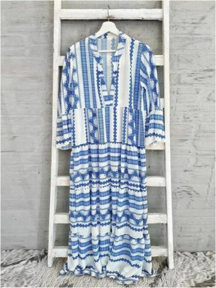 Geometric Print Long Dress Bohemian Style Long Dress Ladies Dress-vocosishoes