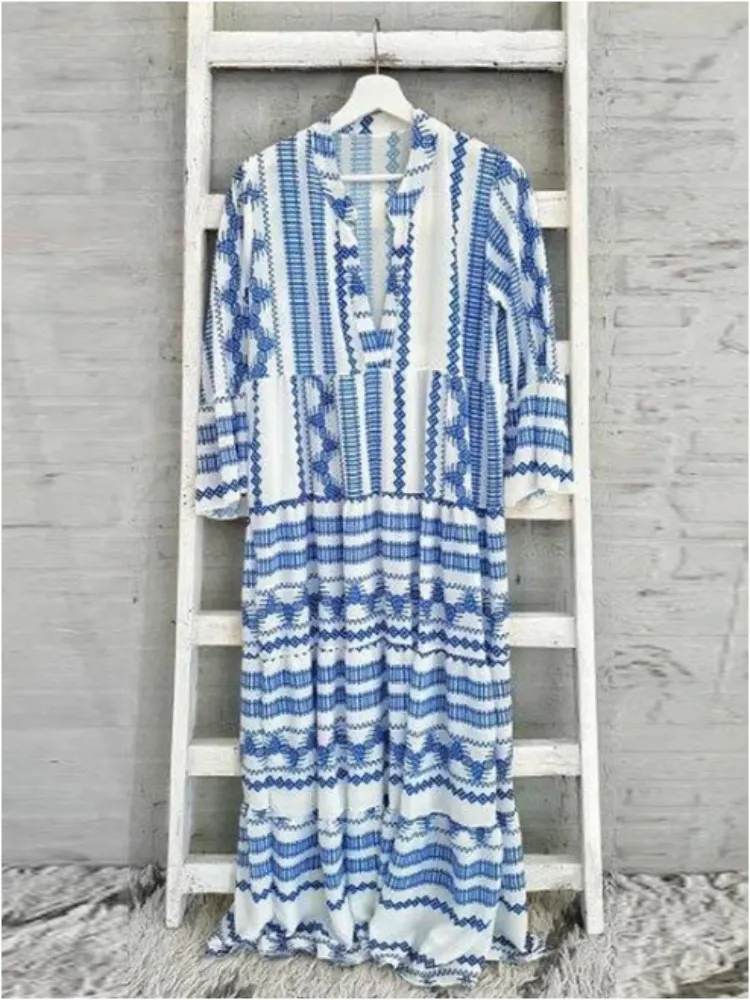 Geometric Print Long Dress Bohemian Style Long Dress Ladies Dress-vocosishoes