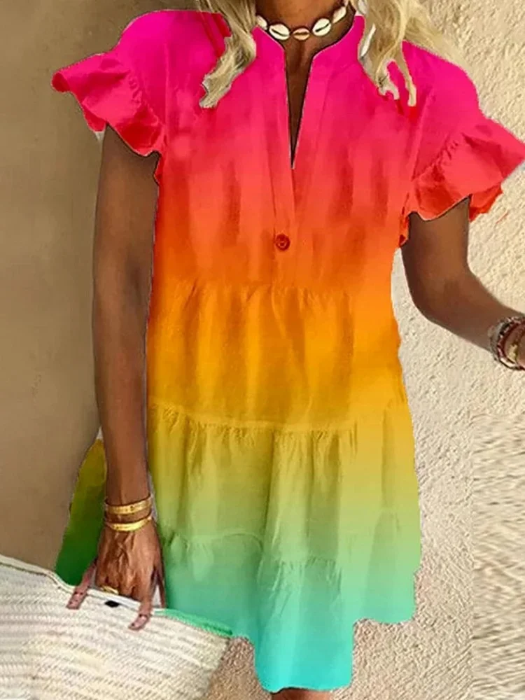 Color Gradient Ruffled Short-sleeved V-neck Buttoned Dress Vacation Beach Dress