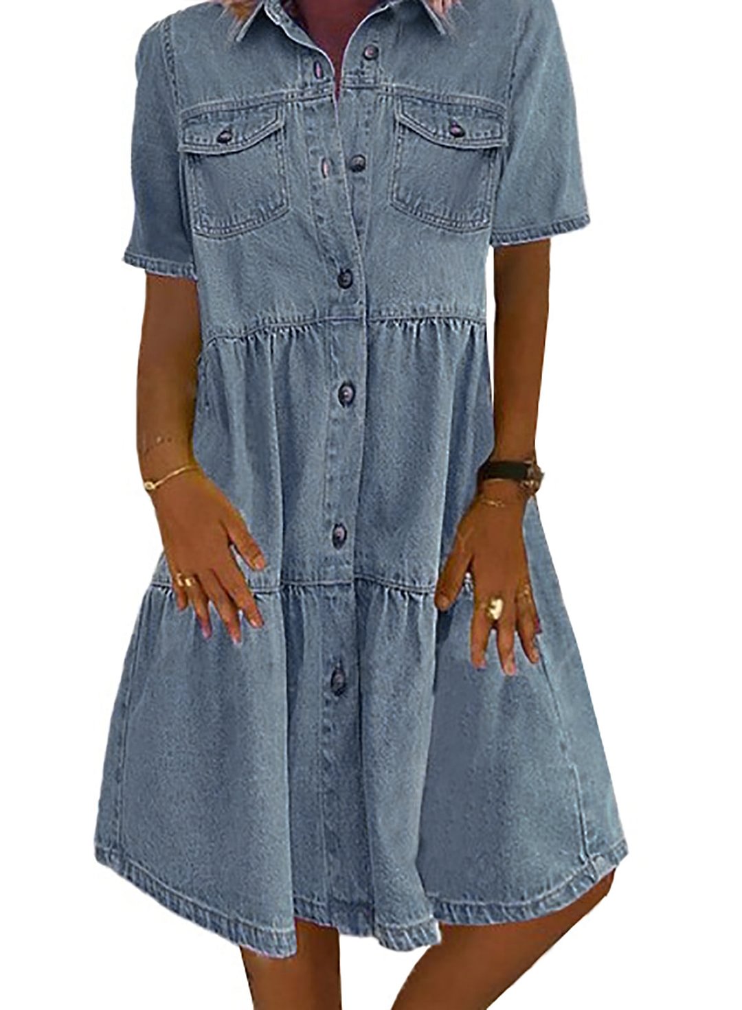 Buzzdaisy Women's Mini Dresses Fashion Solid Short Sleeve Turn Down Collar Denim Dress