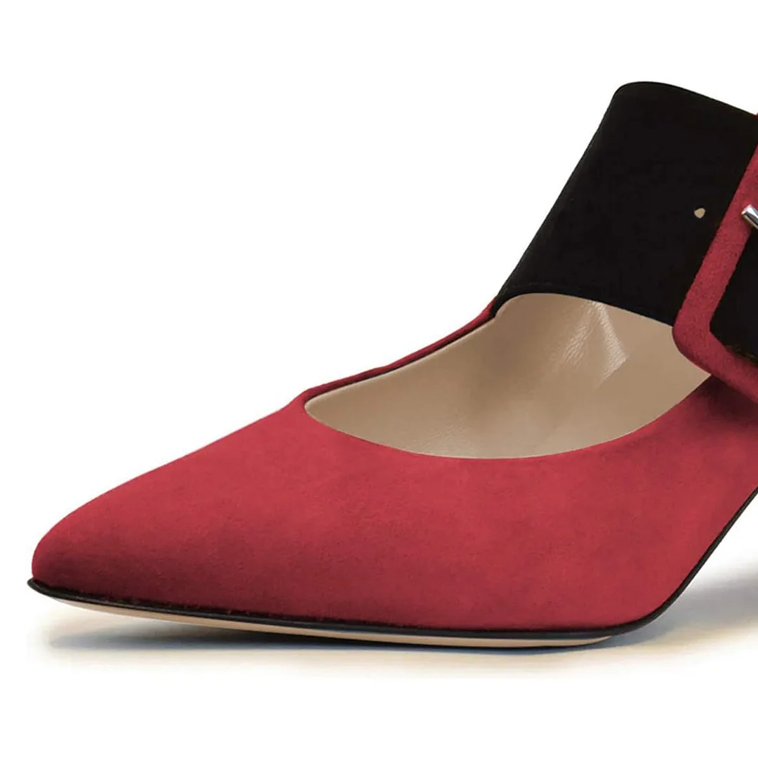 Red Faux Suede Pointed Elegant Buckle Strap Pencil Heel Sexy Pumps