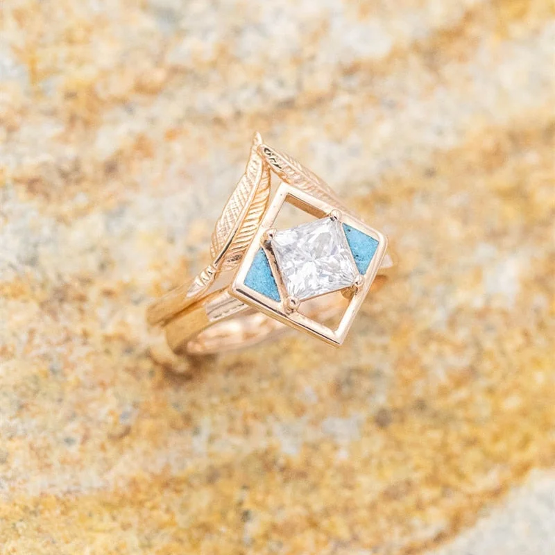 Fashion 2PCS/Set 14k Gold Filled Metal Set Square Zircon Crystal Women's Engagement Wedding Ring Fine Jewelry