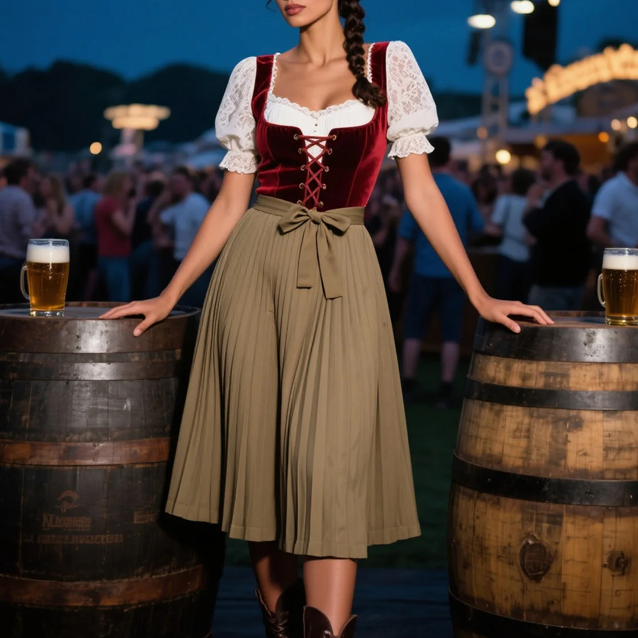 Vintage Dress Suit With Lace Inner Wear, Velvet Drawstring Vest, Pleated Skirt Suit, Beer Festival Dress