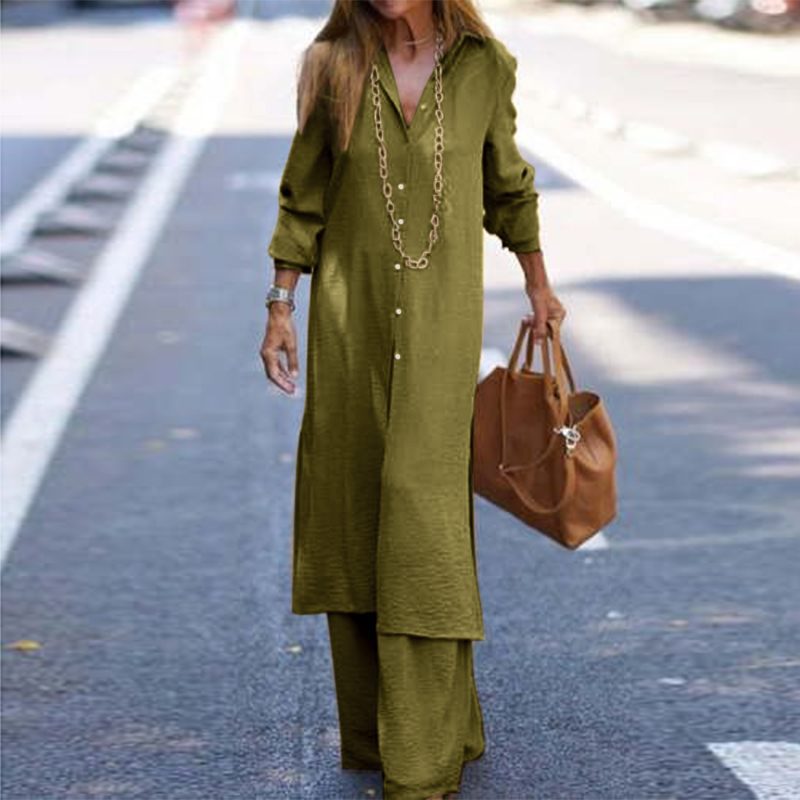 Mature Women's Casual Shirt Long Sleeve Trousers Suit