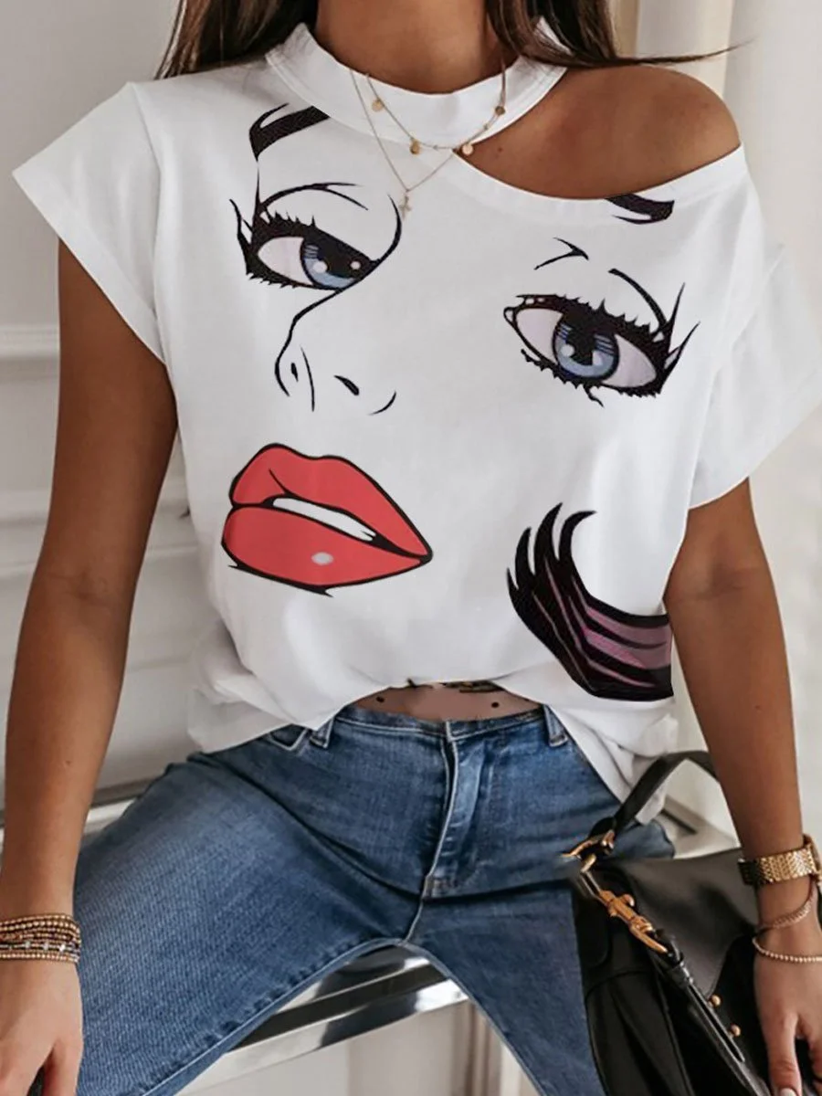 Lip print halter neck short sleeve stitching T-shirt