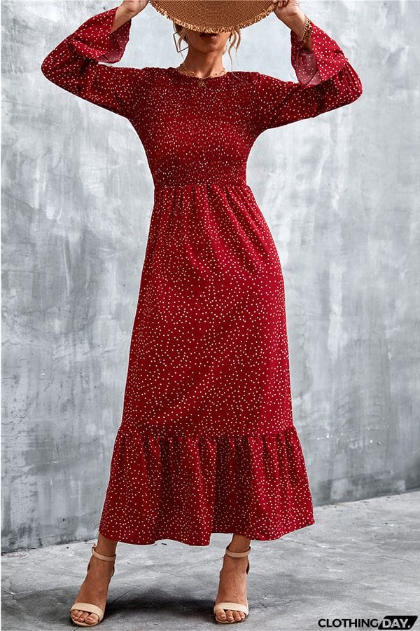 Retro polka dot print long-sleeved one-piece dress