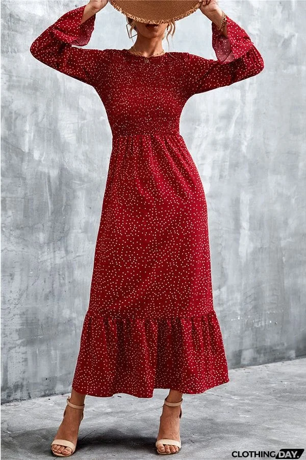 Retro polka dot print long-sleeved one-piece dress