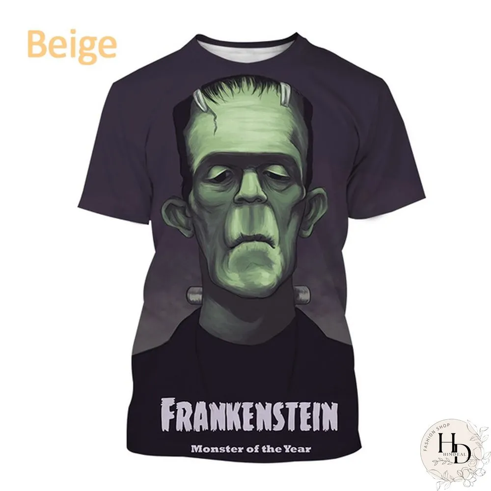 Frankenstein Short-Sleeved Shirt Mens Casual Fashion Horror Movie Harajuku Streetwear Top