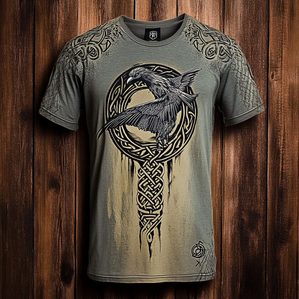 Men's Viking Tribal Celtic Knot Raven Vintage Print T-shirt