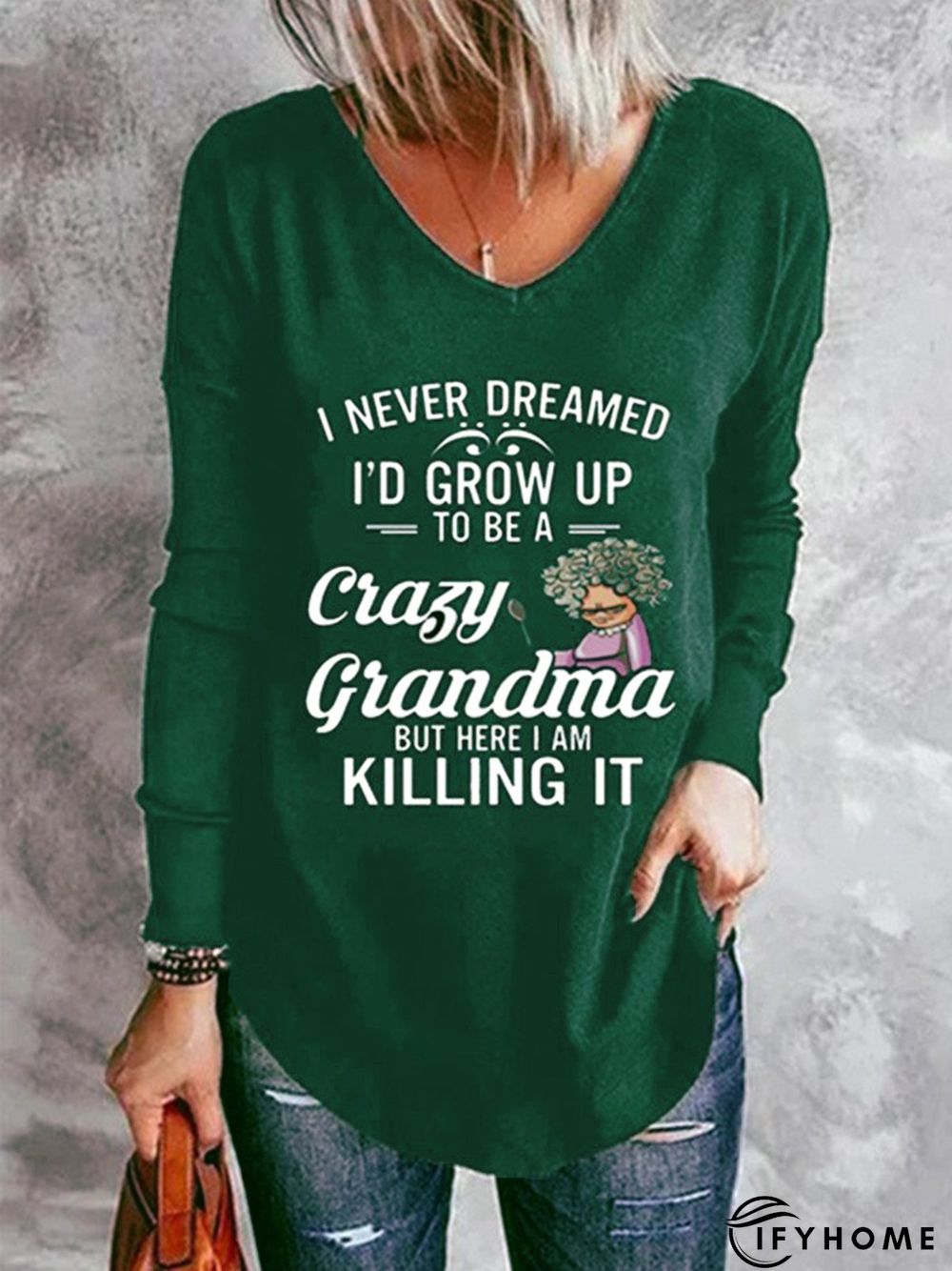 Letters Long Sleeve V Neck Casual Tunic T-Shirt | IFYHOME