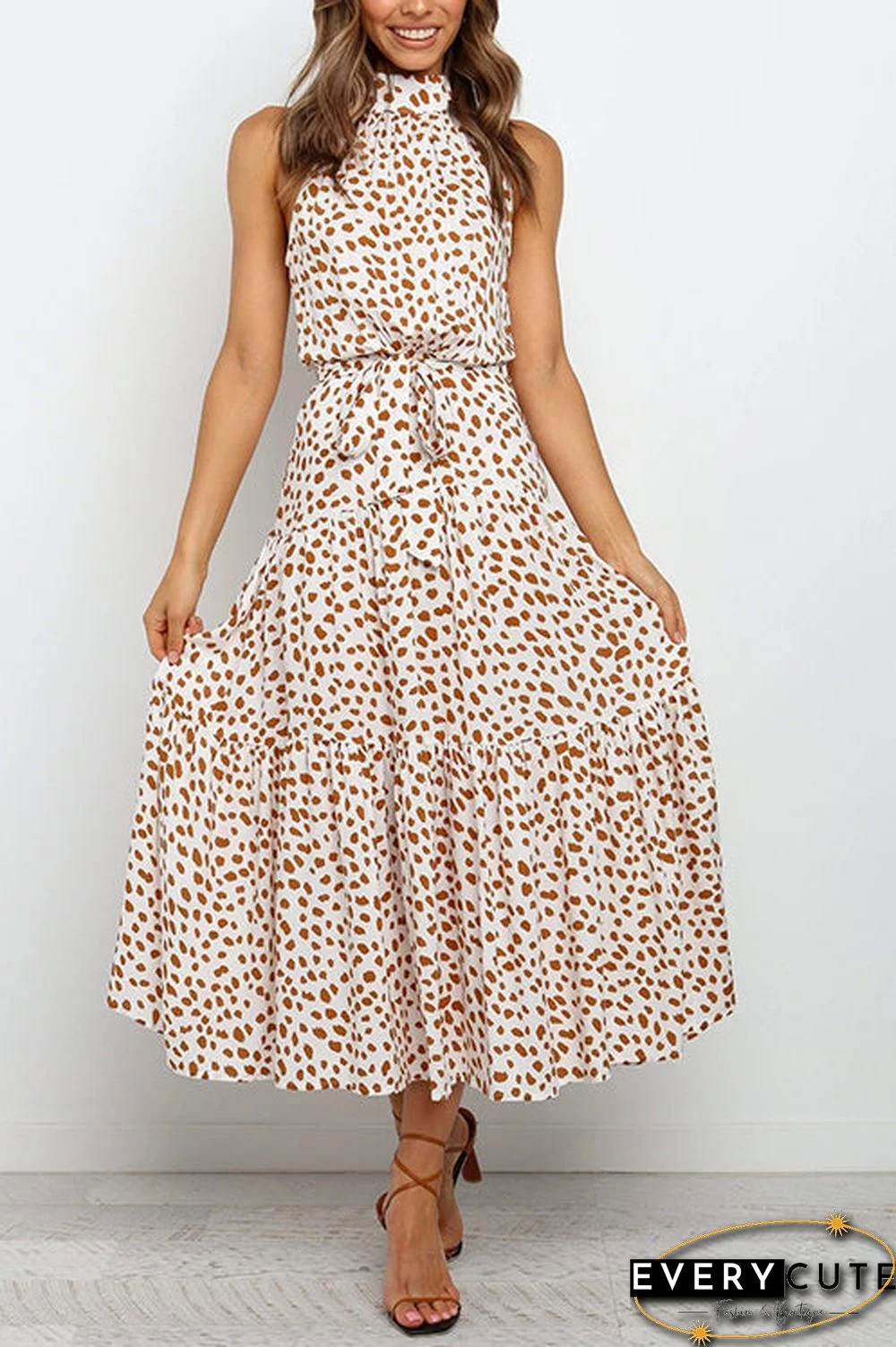 Print Belted Sleevelss Maxi Dress