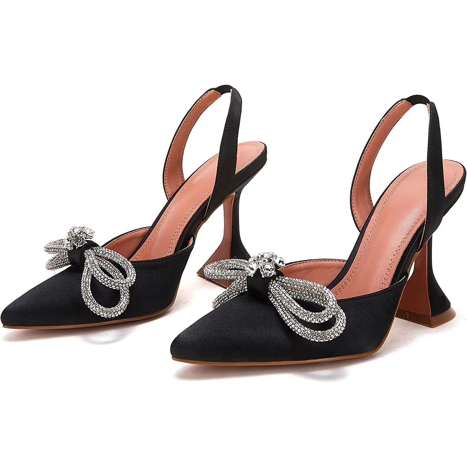 95mm Womens Heeled Sandals Point Toe Slingback Rhinestones Bowknot Crystal Party Wedding Dressy Shoes-vocosishoes