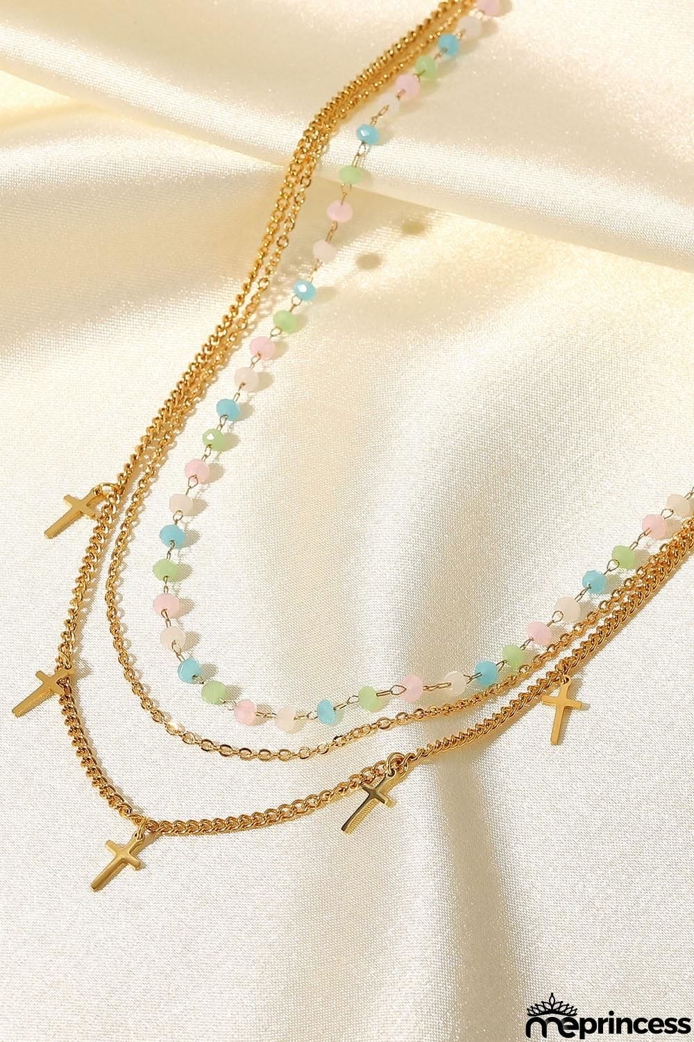 18K Gold Plated Cross Pendant Triple-Layered Necklace