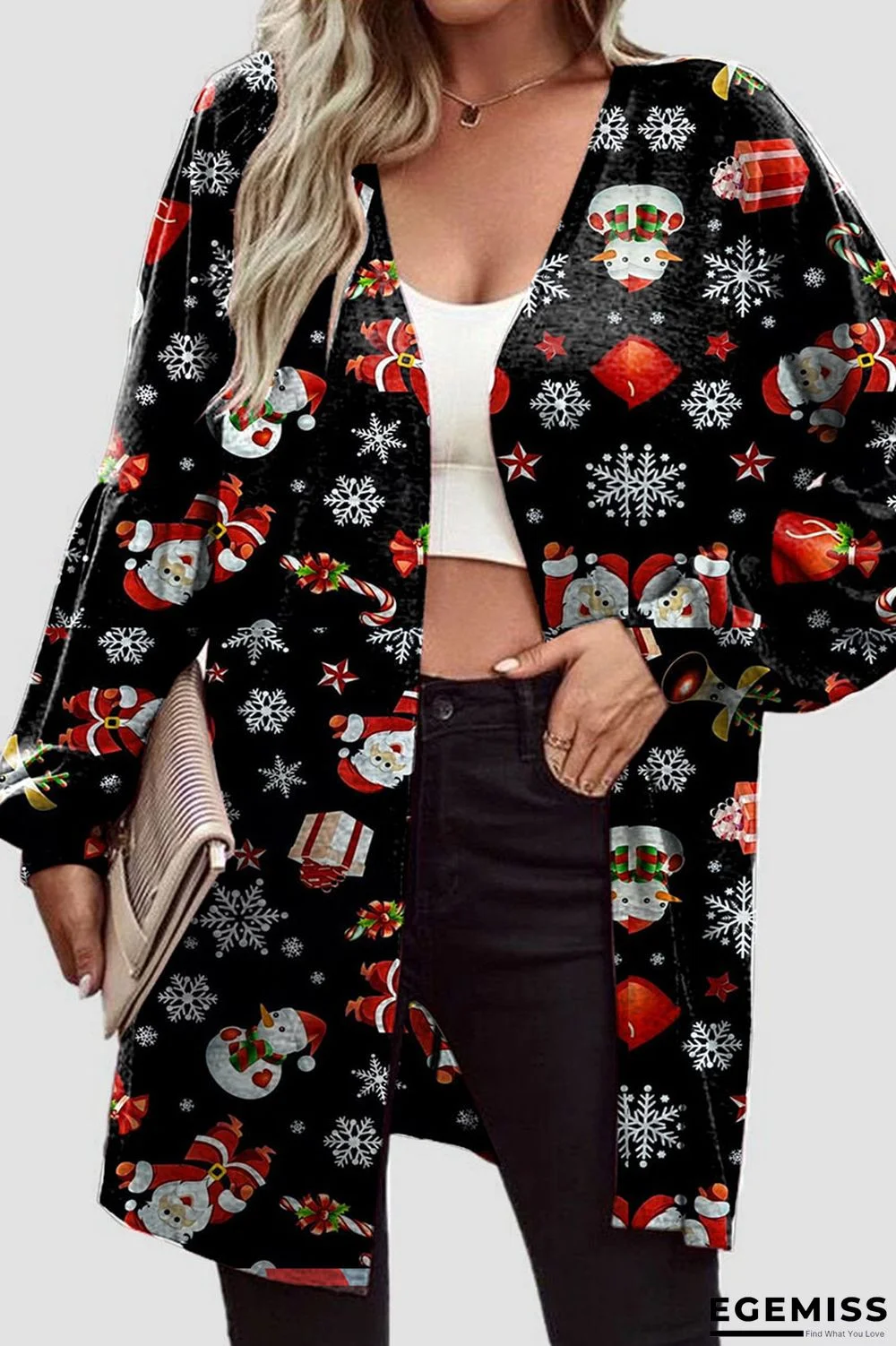 Santa Claus Casual Print Patchwork Cardigan Collar Outerwear | EGEMISS