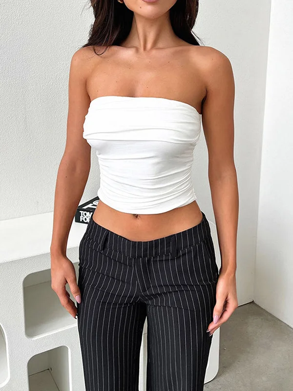 Solid Color Pleated Sleeveless Skinny Tube Vest Top