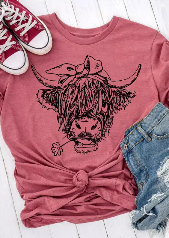 Cute Cattle Cowgirl O-Neck T-Shirt Tee - Cameo Brown  LILYELF