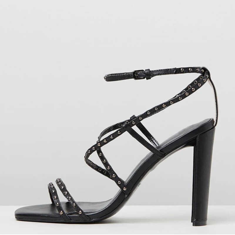 TAAFO Black Nude Ankle Buckle Strap Rivets Sandals Woman High Chunky Heels Open Toe For Ladies Shoes Party