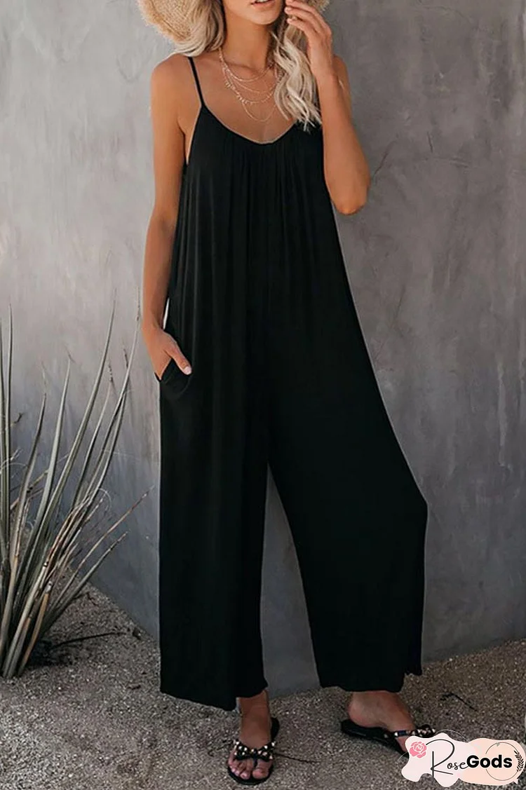 Casual Sling Solid Color Pocket Jumpsuit