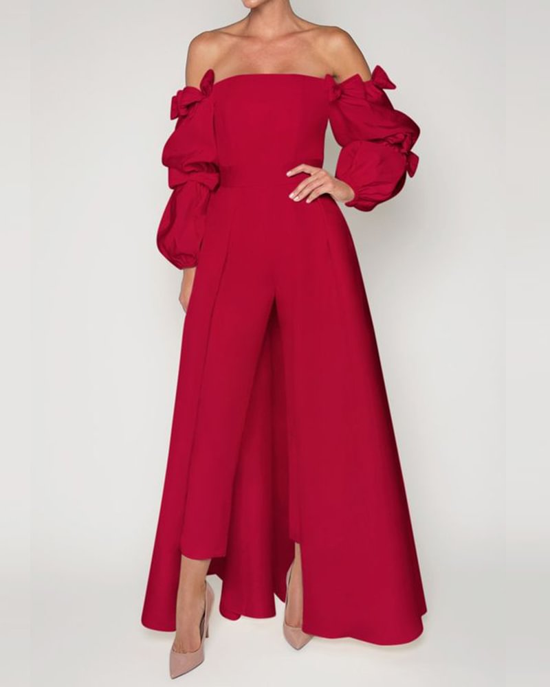 Puff Sleeve Jumpsuit Bow Satin Brocade
