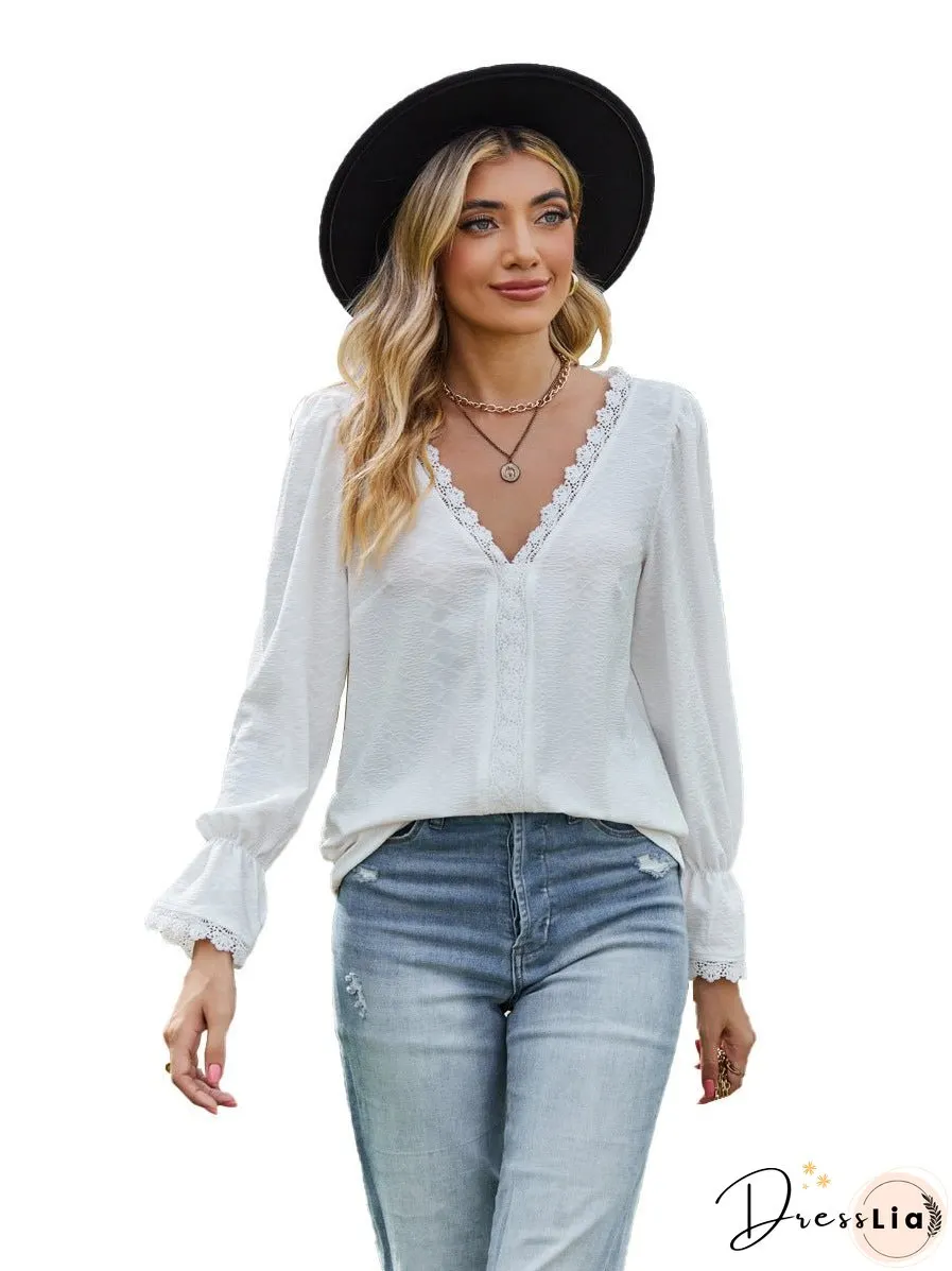 Women's Solid Color Pullover Stitching Lace Long-sleeved Blouses