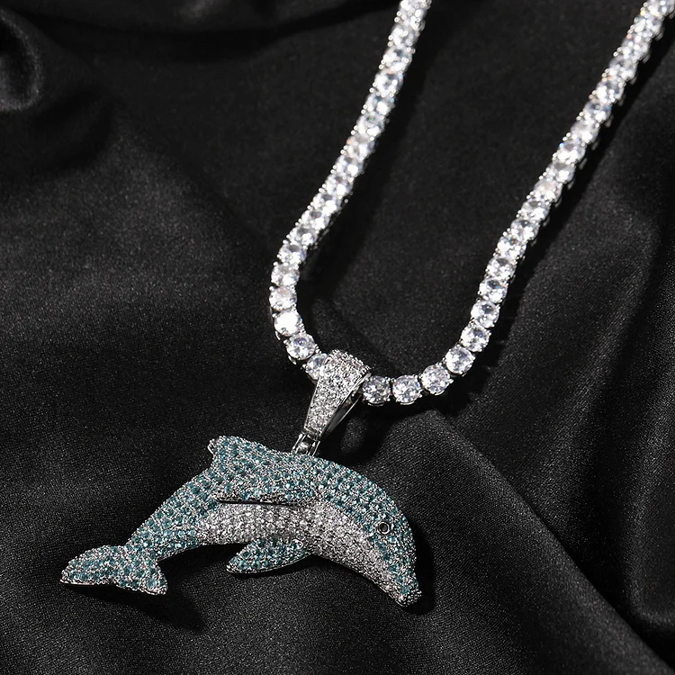 Hip-hop Colored Diamond Solid Dolphin Pendant Necklace-VESSFUL