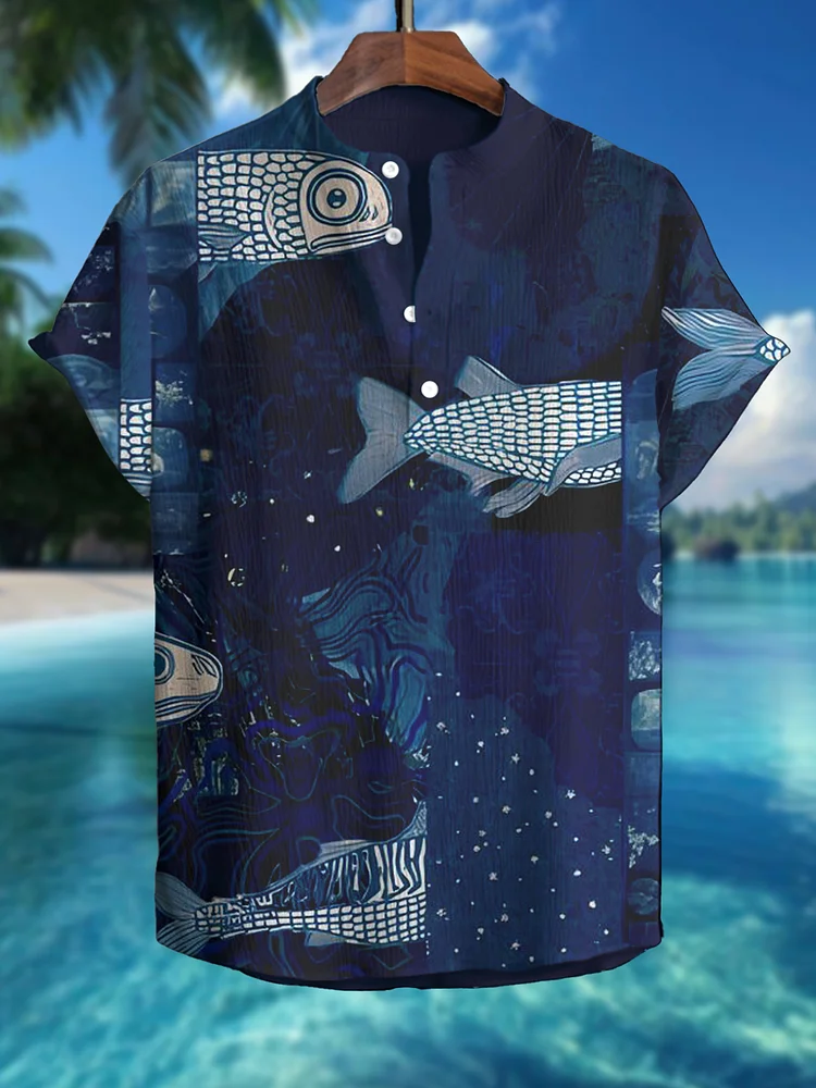 Men's Deep Sea Fish Print Half Button Shirt