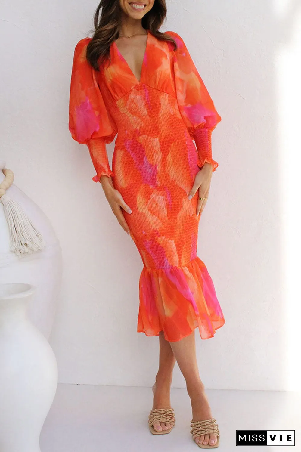 Casual Print Patchwork Flounce V Neck One Step Skirt Dresses
