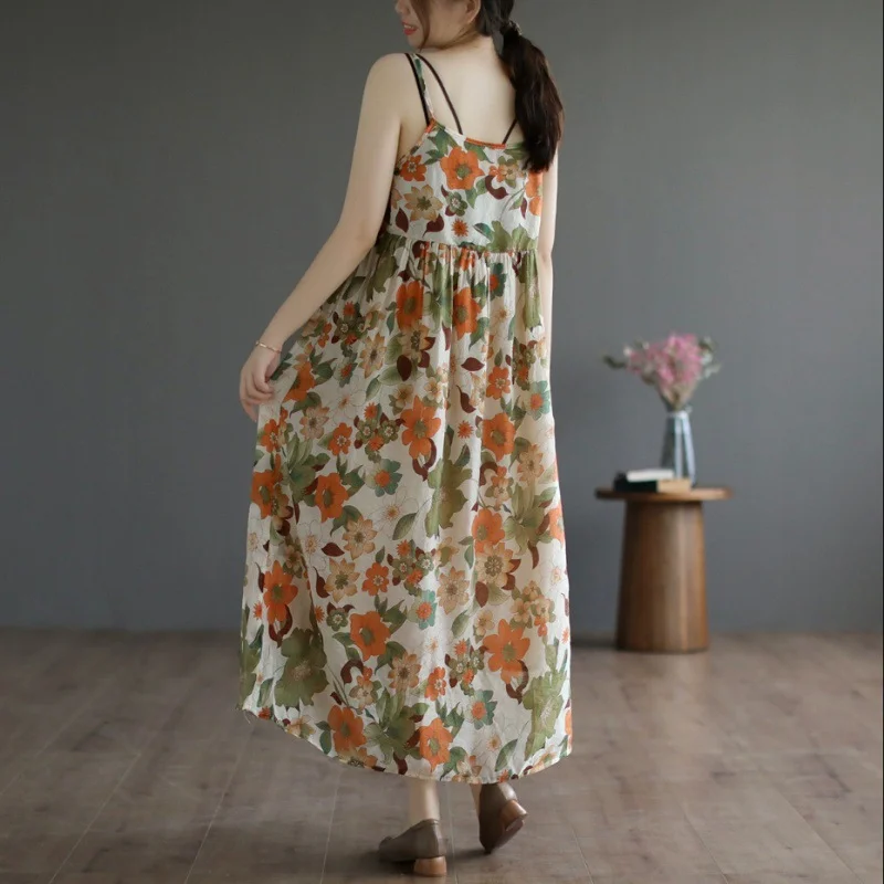 Uveng Uveng New Color Sling Dress Summer Vintage Fade Age Reduction Holiday Dress Long Show Thin Dress