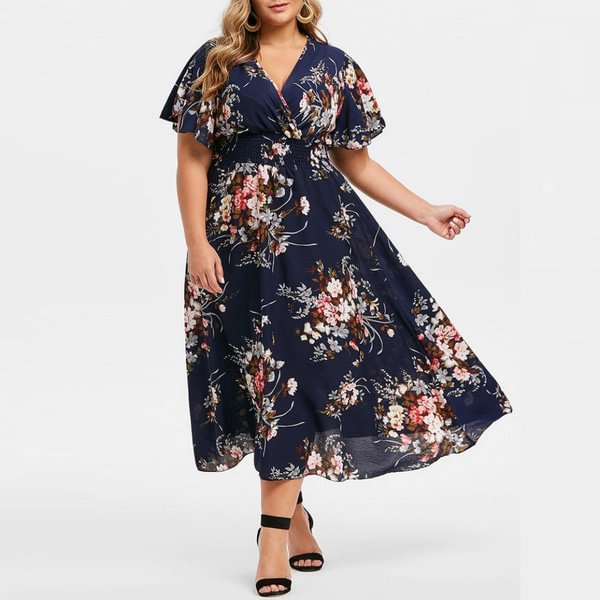 Dresses for Women Plus Size Fashion Summer Chiffon Floral Printed V-Neck Short Sleeve Casual Dress - Life is Beautiful for You - SheChoic